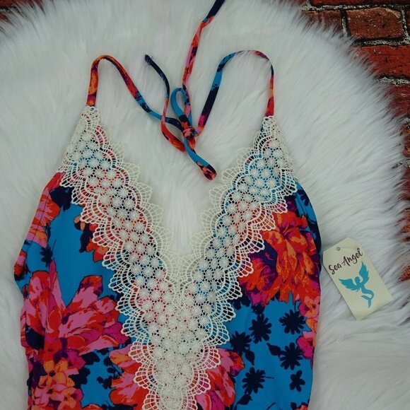 NWT Sea Angel Tankini Top Swimsuit Lace Trim Floral V-Neck NWT S - Picture 4 of 10